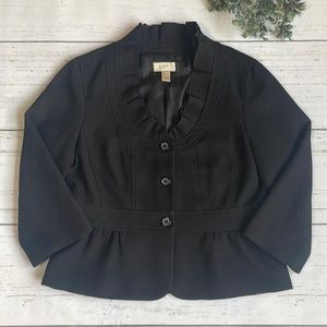 LOFT Black Blazer 3/4 Sleeve Ruffle Collar